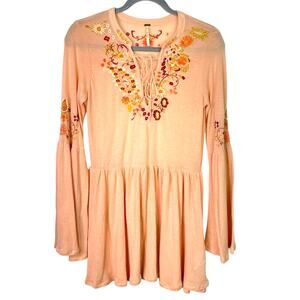 Free People | Long Sleeve Pink Top Embroidered Shirt Blouse Small Bohemian